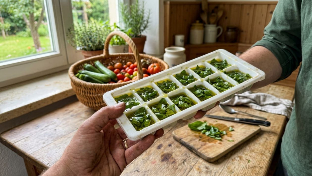 Eine Hand friert frisches Basilikum in Olivenöl in einer Eiswürfelform ein, im Hintergrund liegt frisches Gemüse.
