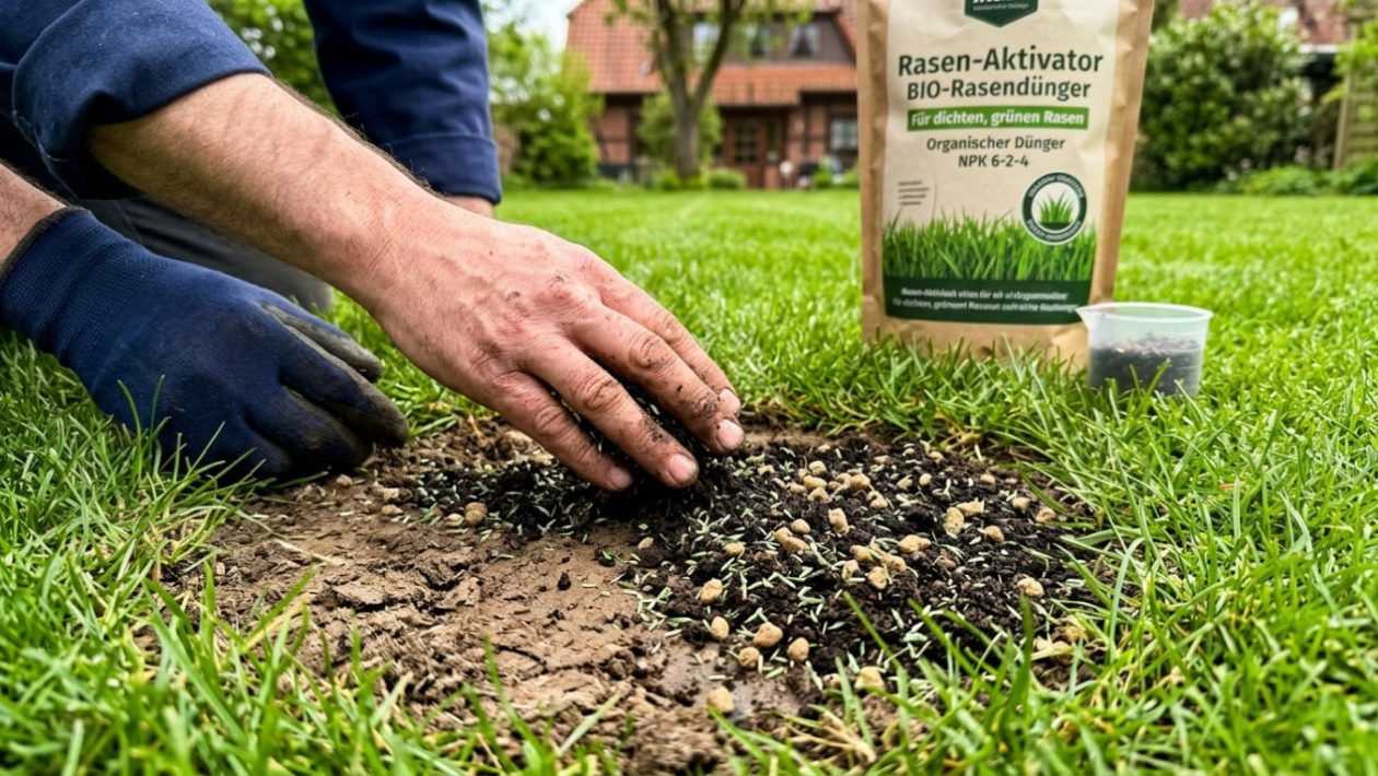 Jemand streut ein spezielles Rasenpflaster auf eine kahle Stelle im grünen Rasen.