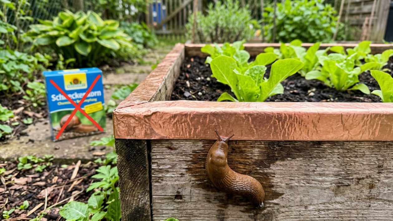 Eine Nacktschnecke wird von einem Kupferband an einem Hochbeet gestoppt, das Salatpflanzen schützt.