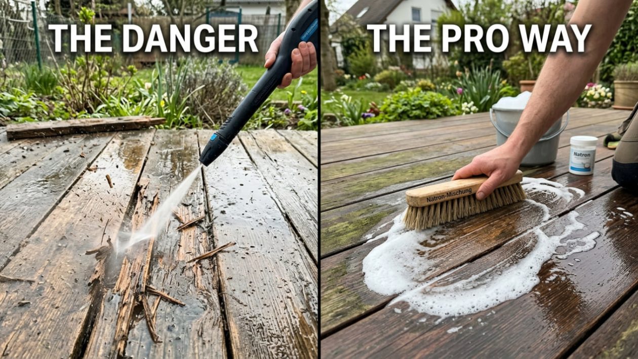 Ein Hochdruckreiniger zerstört Holzfasern, daneben wird eine Terrasse schonend mit Natron-Schaum und einer Bürste gereinigt.