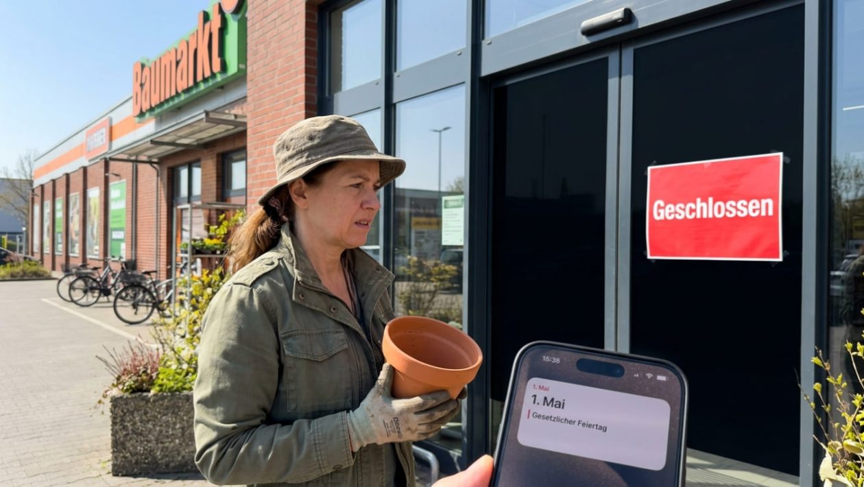 Ein Gärtner steht mit einem leeren Topf vor den verschlossenen Türen eines Baumarkts mit dem Schild "Geschlossen".