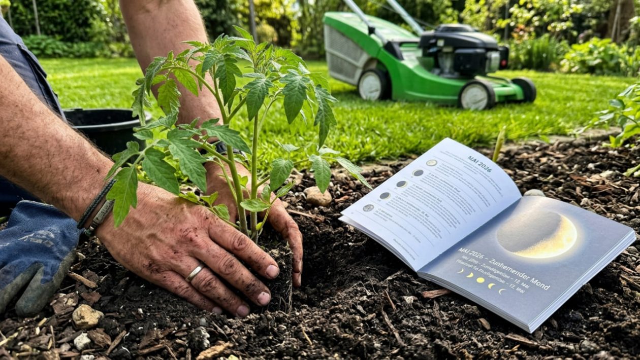 Ein Gärtner pflanzt Tomaten und orientiert sich dabei an einem Mondkalender für Mai 2026.