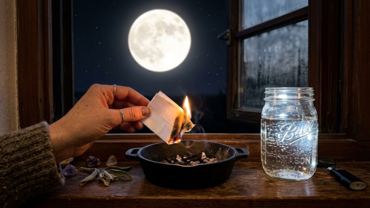 Jemand verbrennt einen Zettel über einer Feuerschale, während der Vollmond durchs Fenster scheint.