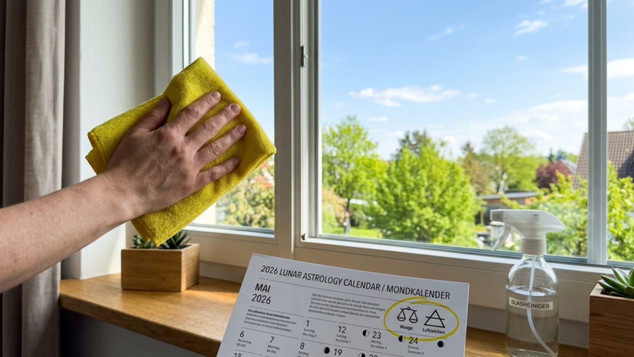 Eine Hand putzt ein streifenfreies Fenster, während ein Mondkalender mit einem Luftzeichen auf dem Fensterbrett liegt.