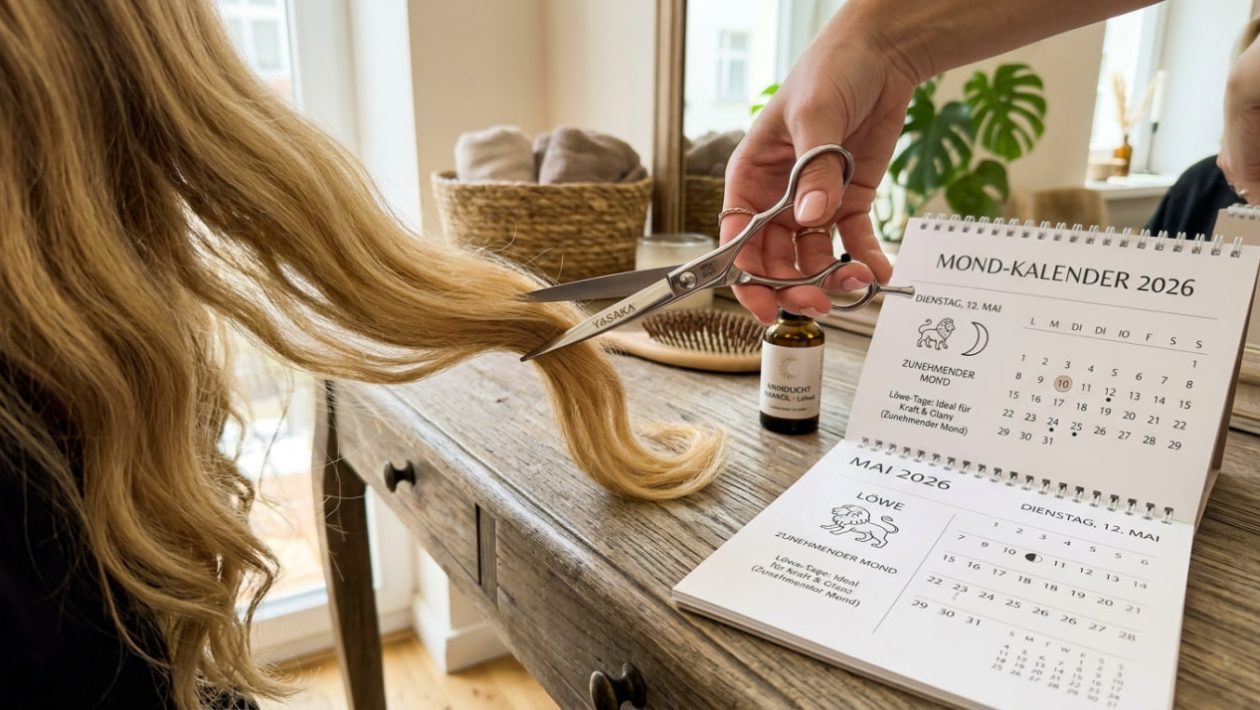 Eine Friseurschere schneidet dickes Haar, während im Hintergrund ein Mondkalender mit dem Löwen-Symbol liegt.