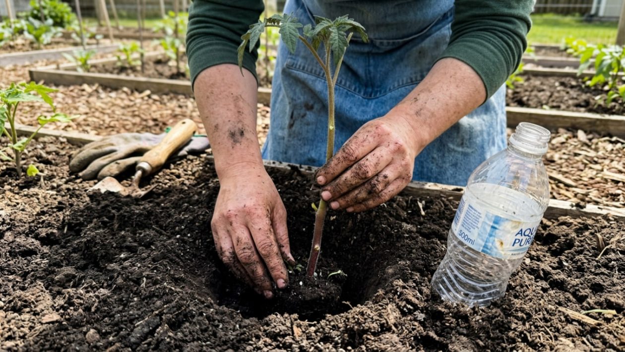 Jemand gräbt eine Tomatenpflanze extrem tief in die Erde ein, daneben eine halbe Plastikflasche als Gießhilfe.