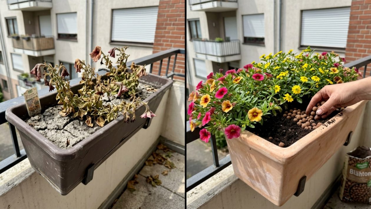 Vertrocknete Blumen in einem Plastikkasten neben leuchtend blühenden Hängepflanzen in einem Kübel mit Tongranulat.