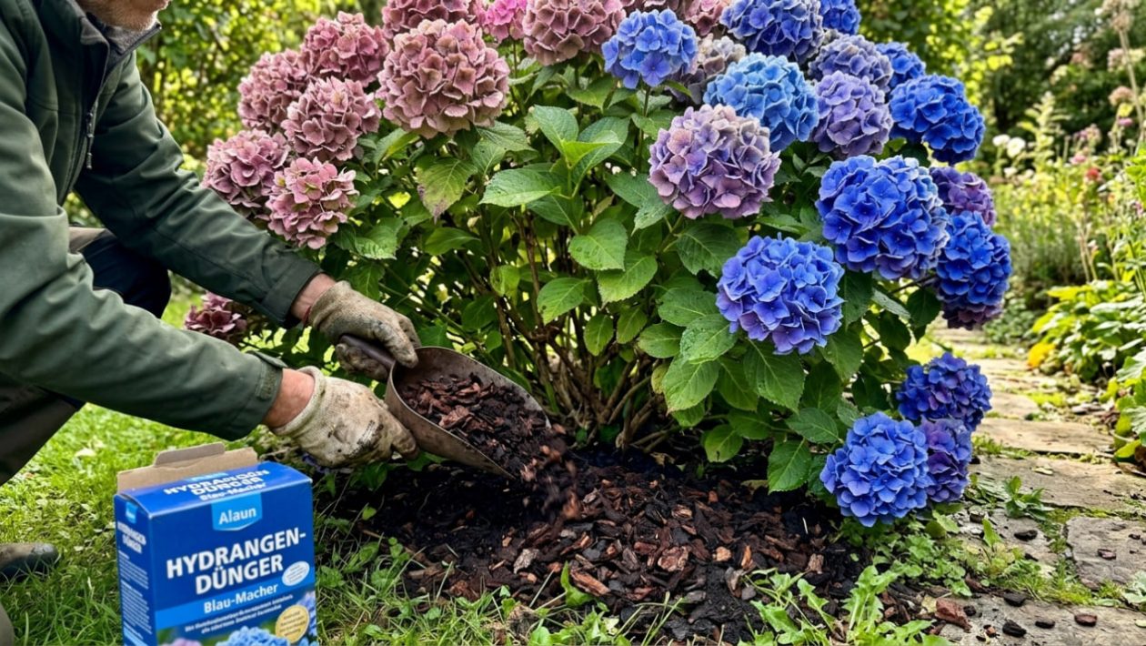 Jemand streut Rindenmulch unter eine Hortensie, deren Blüten teils rosa und teils kräftig blau leuchten.