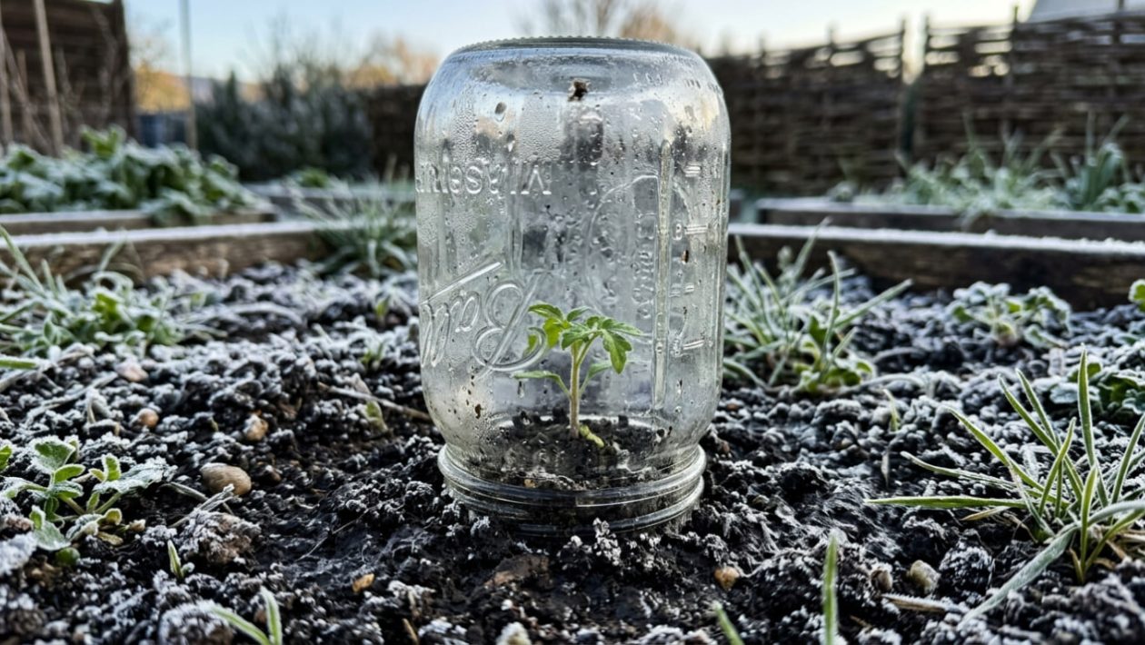 Ein Tomaten-Setzling wird bei Morgenfrost von einem Einmachglas vor der Kälte geschützt.
