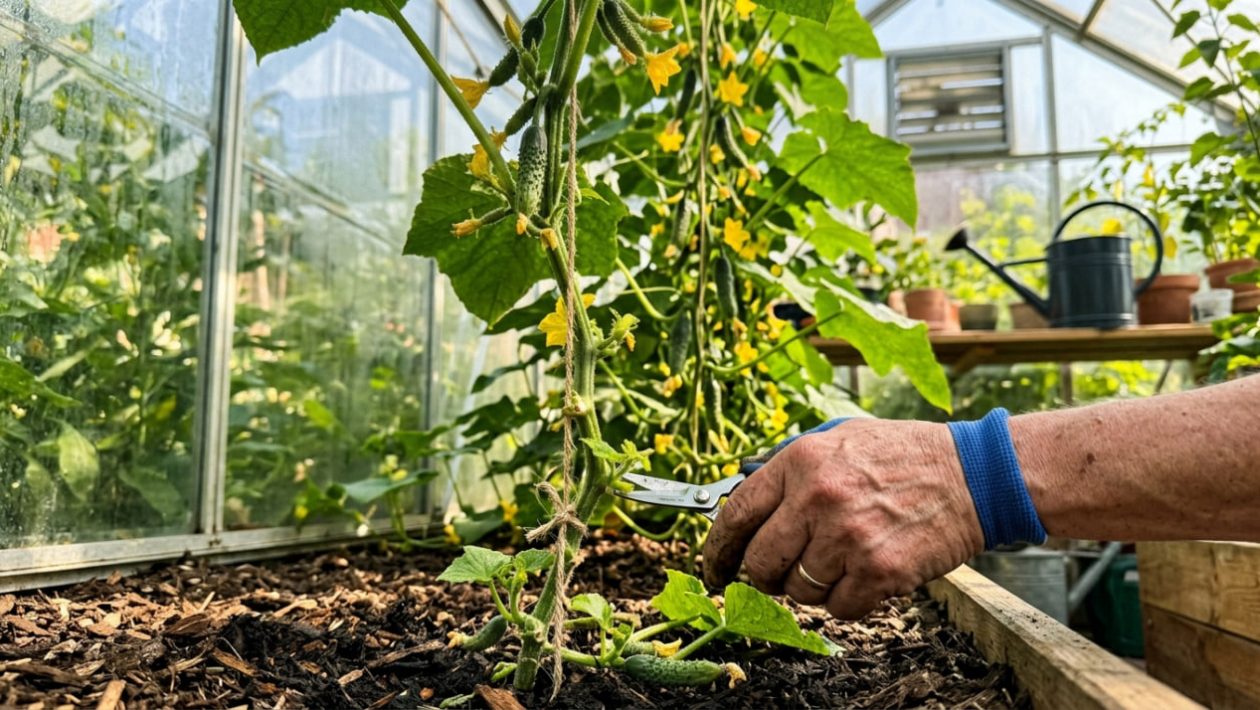 Jemand schneidet die untersten Triebe einer Gurkenpflanze im Gewächshaus ab, im Hintergrund steht eine Gießkanne in der Sonne.