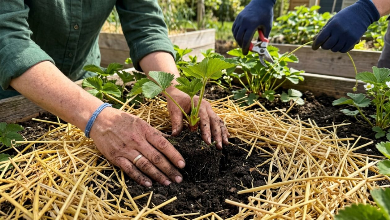 Eine Erdbeerpflanze wird gepflanzt, das Herzstück bleibt über der Erde, umgeben von trockenem Stroh.