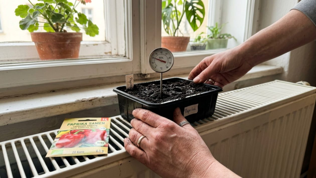 Eine Anzuchtschale für Paprika steht auf einer warmen Heizung, ein Thermometer zeigt 28 Grad.