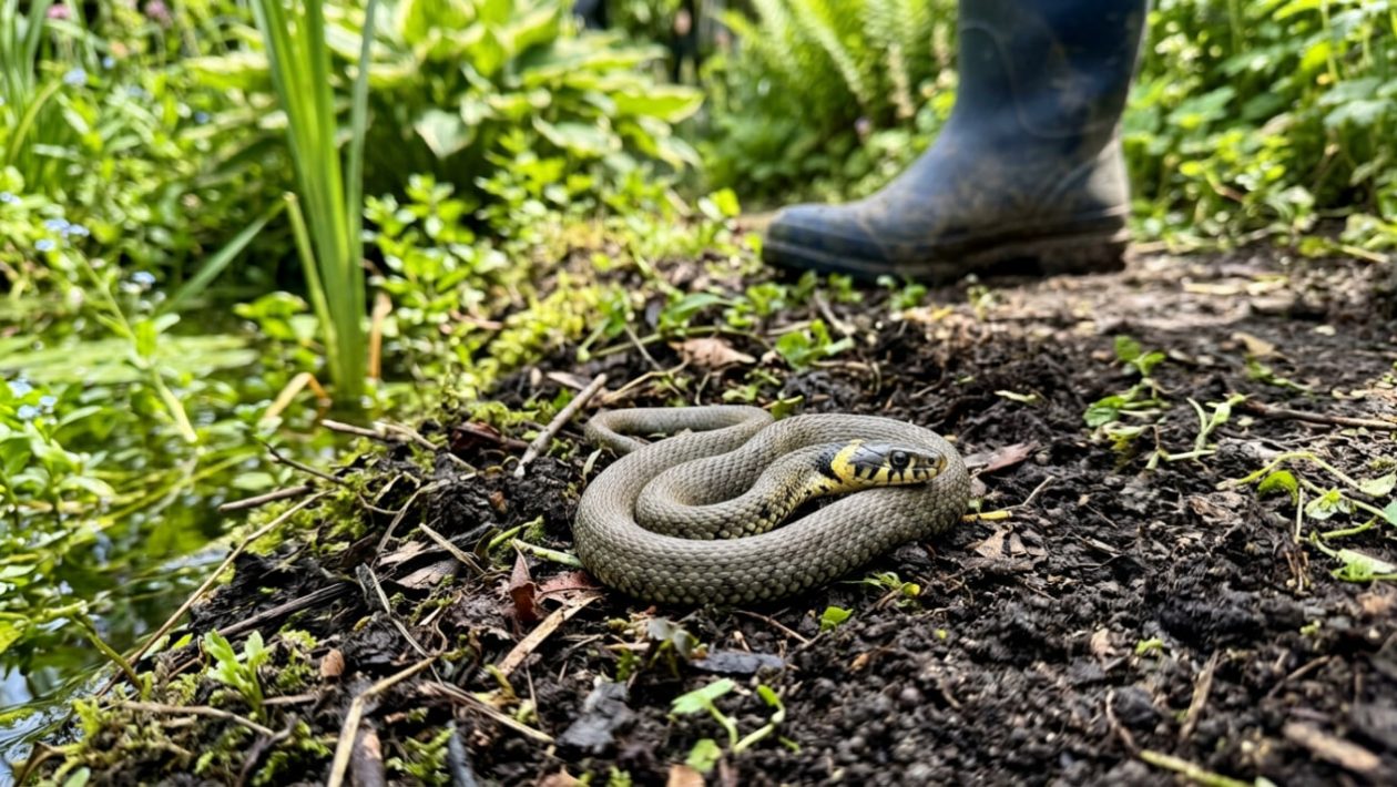 Eine Ringelnatter mit gelben Flecken am Kopf liegt an einem Gartenteich auf der Erde.