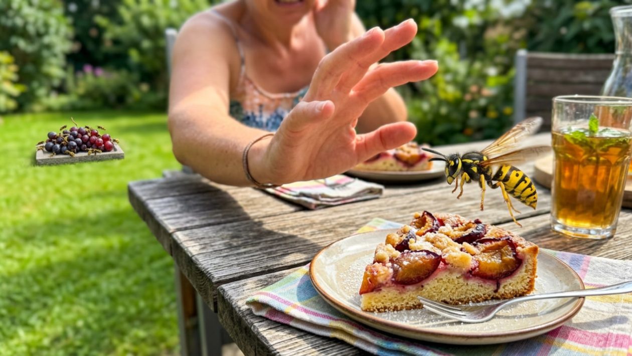 Eine Wespe fliegt über einem Kuchen, während eine Hand panisch nach ihr schlägt.