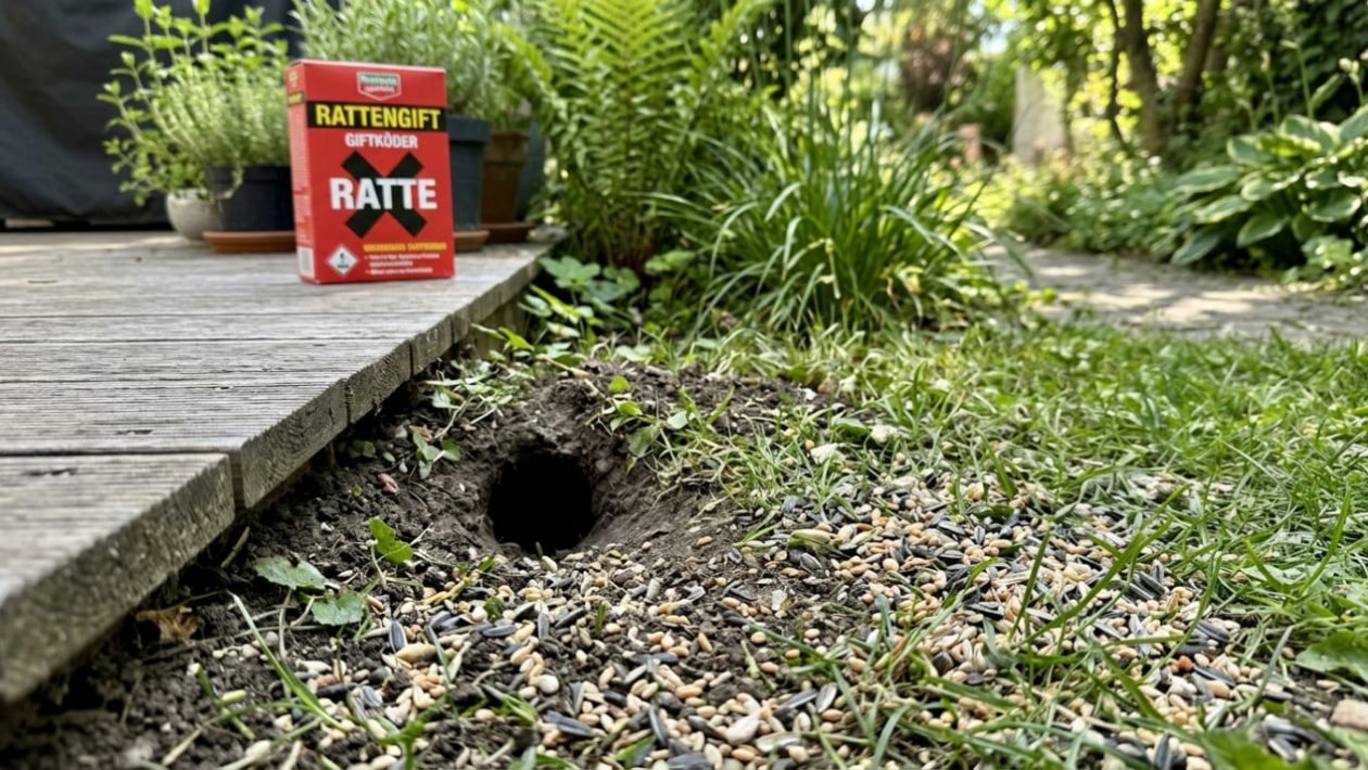 Ein Rattenloch am Rand einer Terrasse, umgeben von heruntergefallenem Vogelfutter.