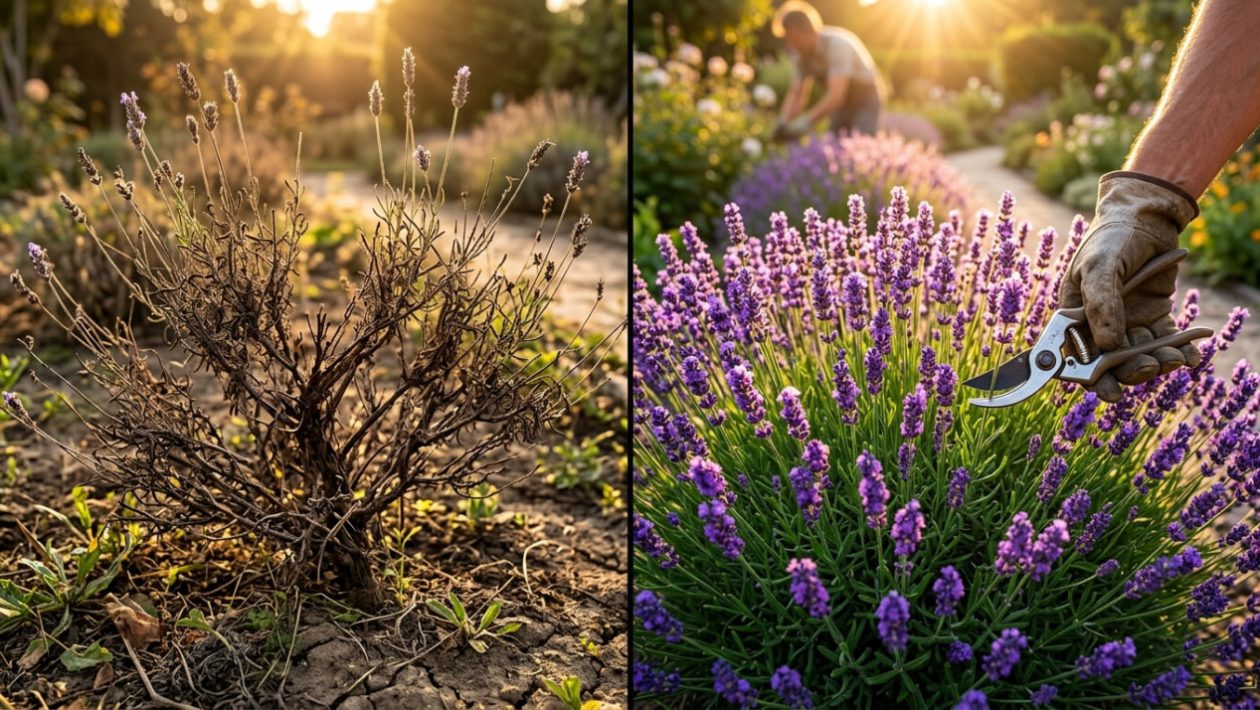 Ein verholzter, kahler Lavendelbusch neben einem perfekt geschnittenen, rund blühenden Lavendel im Sonnenlicht.