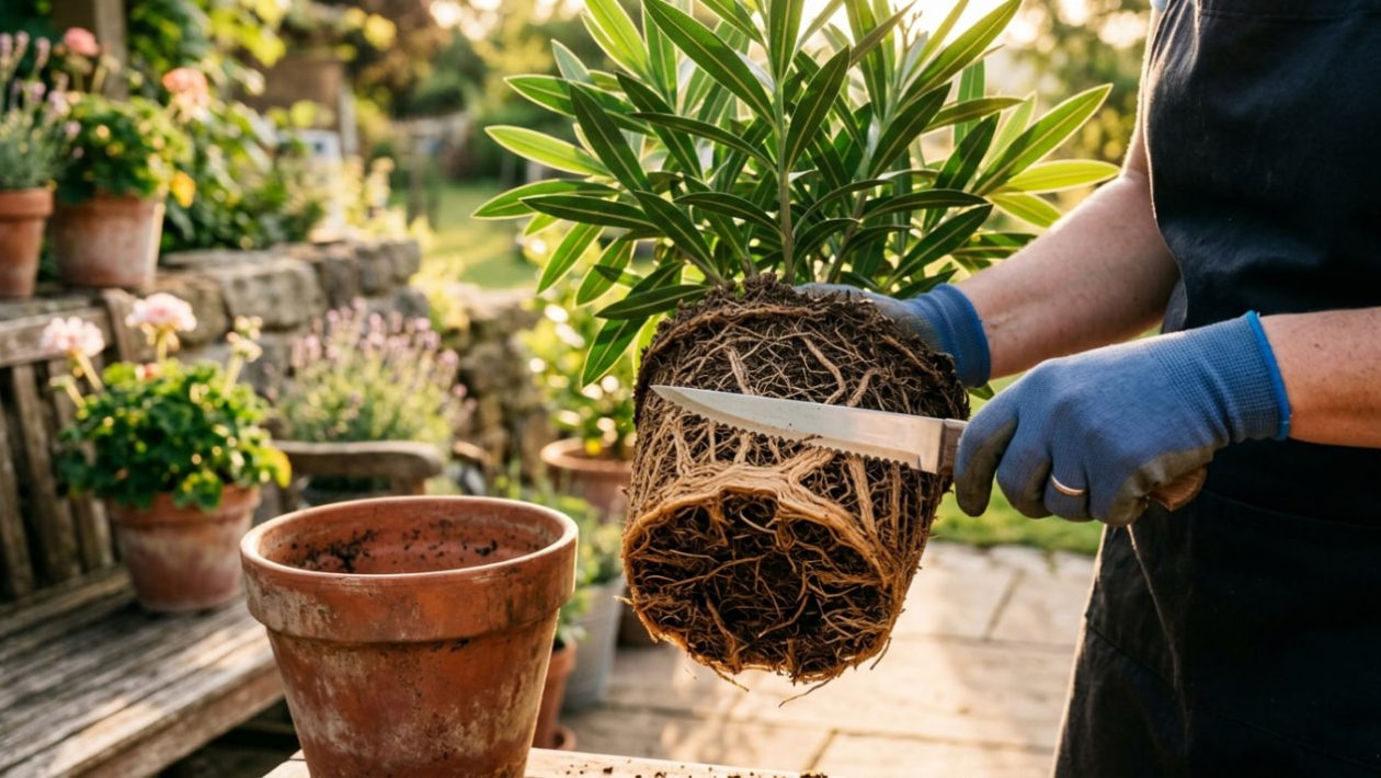 Jemand schneidet mit einem Messer eine Scheibe von einem dichten Wurzelballen einer Kübelpflanze ab.