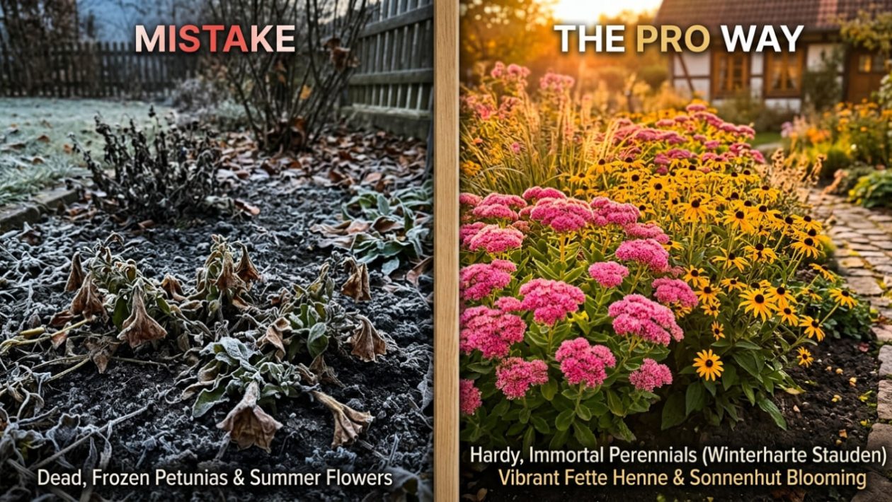 Ein leeres Beet mit toten Sommerblumen im Vergleich zu einem leuchtenden Beet mit winterharten Stauden wie Sonnenhut und Fetter Henne.