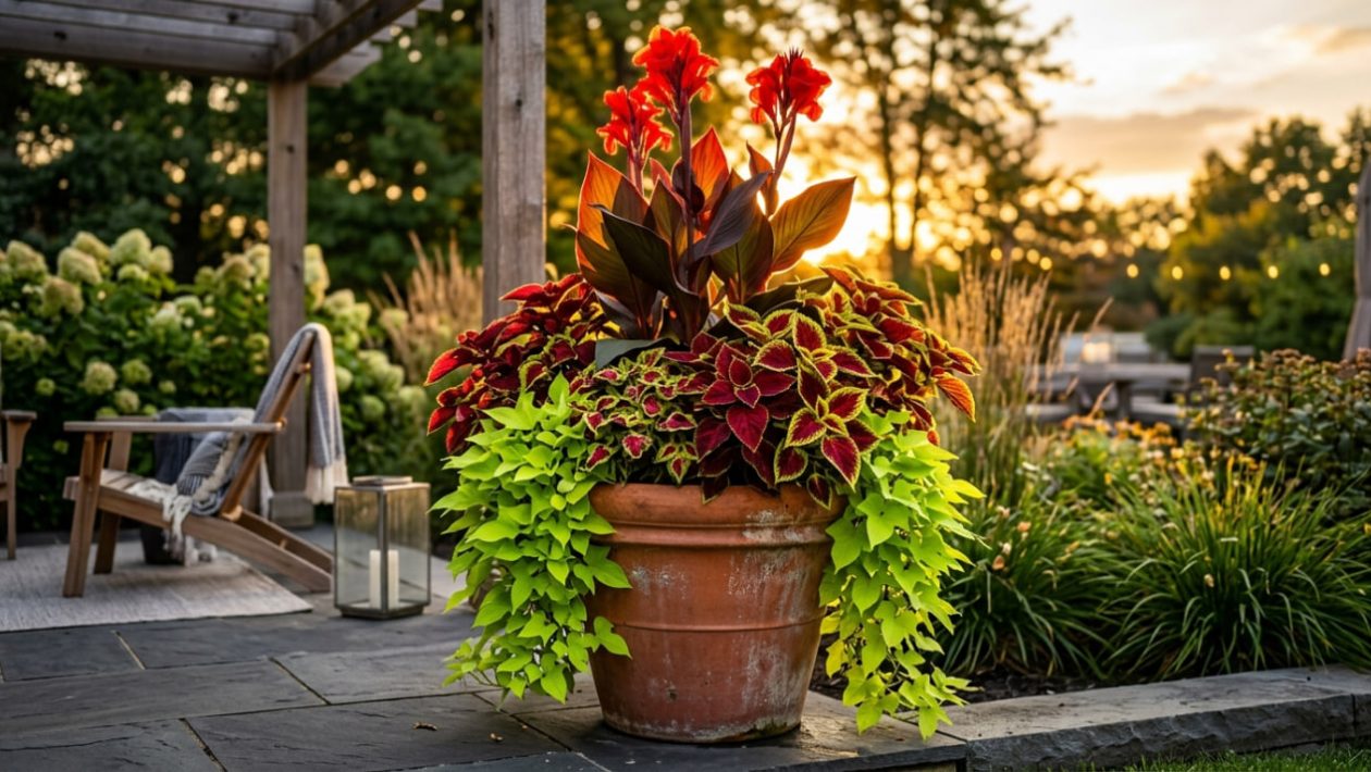 Ein perfekt bepflanzter Kübel nach dem Thriller-Filler-Spiller-Prinzip leuchtet im warmen Sonnenlicht.