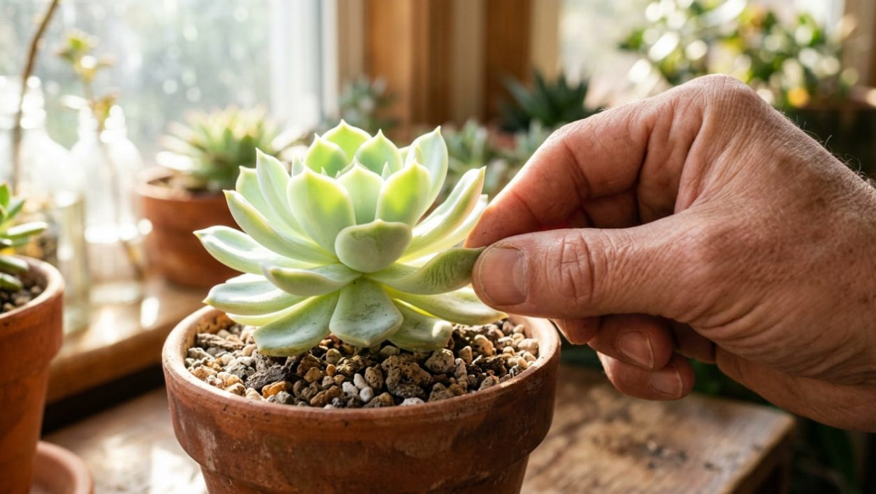 Jemand drückt leicht auf das fleischige Blatt einer Sukkulente, die in steinigem Boden wächst, um den Wasserbedarf zu testen.