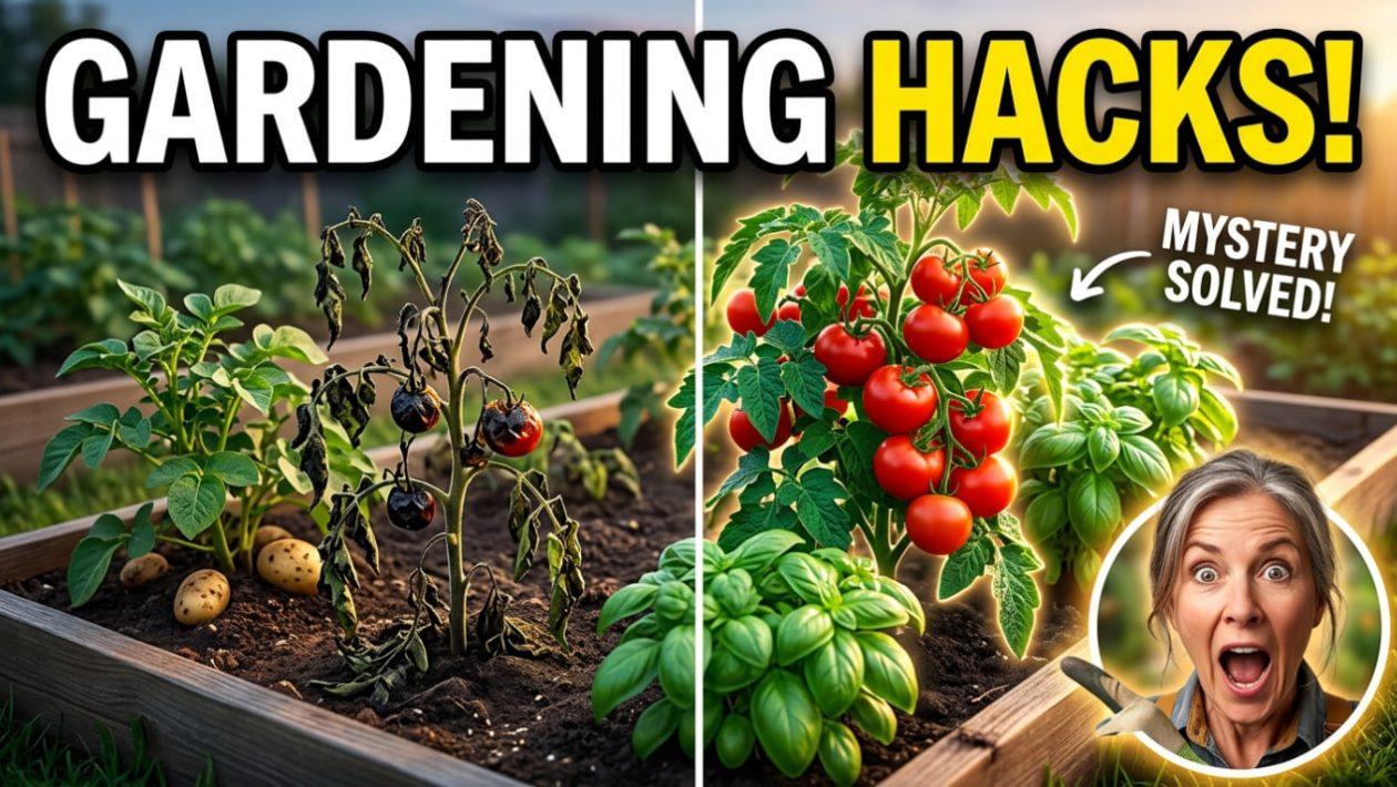 Ein Gärtner ist erstaunt über das perfekte Wachstum von Tomaten neben Basilikum im Vergleich zu kranken Pflanzen.