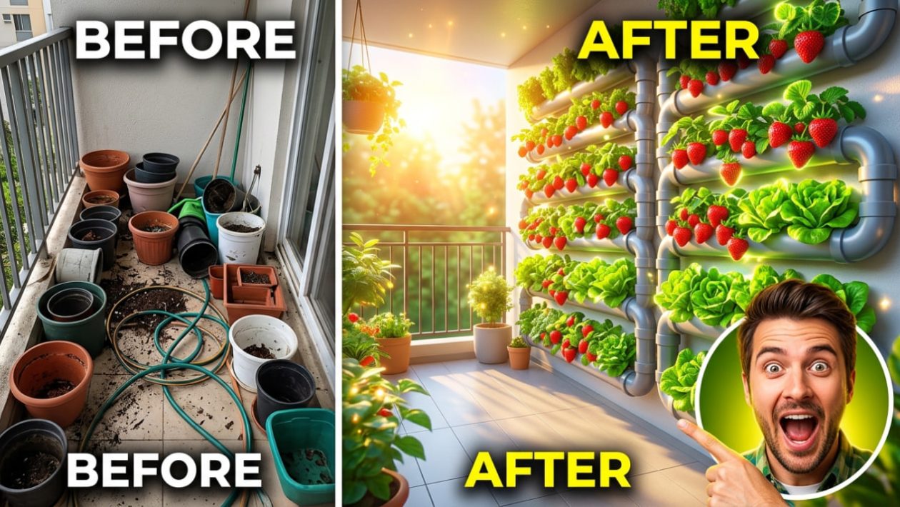 Ein Gärtner ist erstaunt über eine platzsparende, vertikale Erdbeer-Wand auf einem kleinen Balkon.