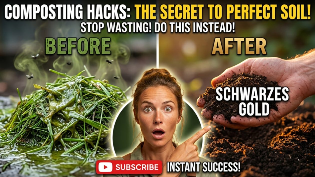 Ein Gärtner ist erstaunt über die perfekte, dunkle Komposterde im Vergleich zu einem faulenden Grashaufen.