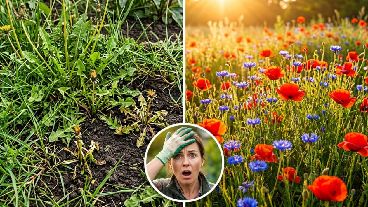 Ein Gärtner schlägt sich an den Kopf, weil seine Wildblumenwiese im fetten Boden von Unkraut erstickt wird.