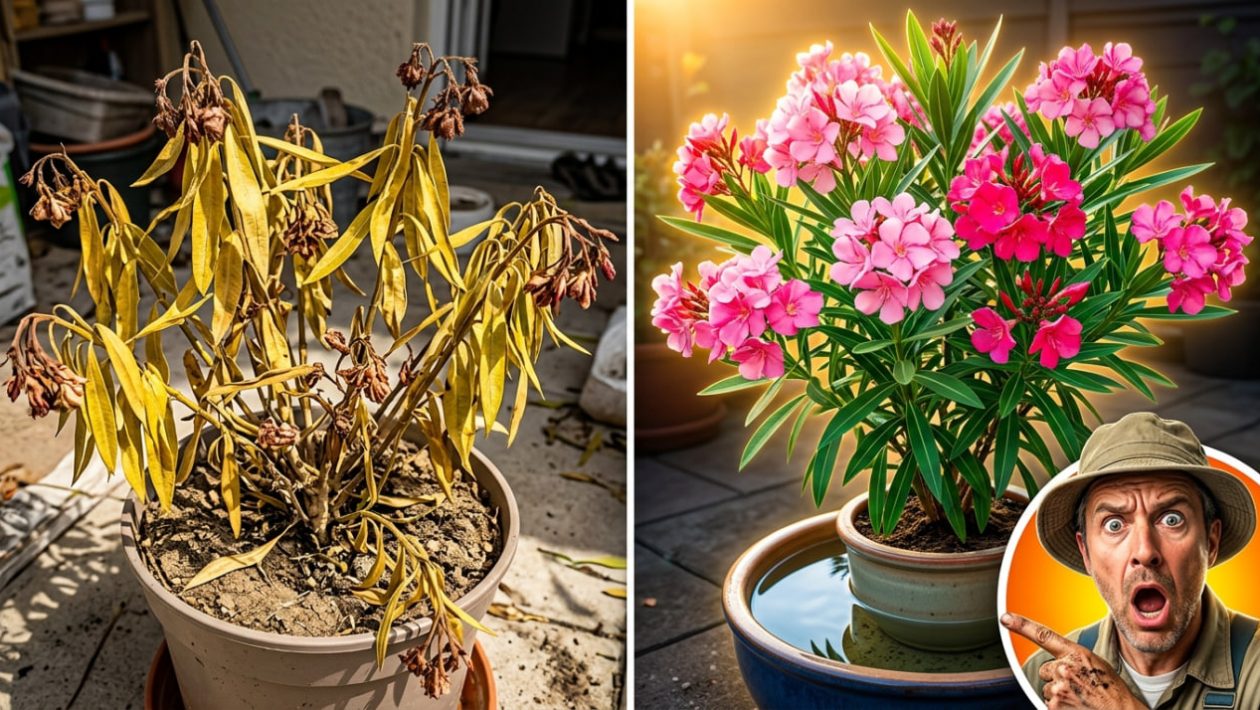 Ein Gärtner ist geschockt, dass der blühende Oleander im Wasser steht, während der kranke Oleander gelbe Blätter hat.