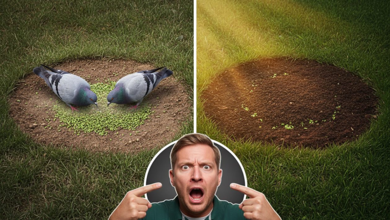 Ein Gärtner ist frustriert, weil Tauben seine teuren Rasensamen von der kahlen Stelle fressen.