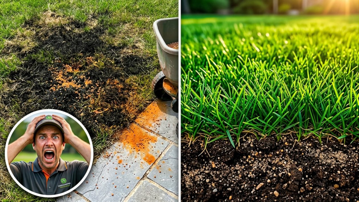 Ein Gärtner ist entsetzt über totes, schwarzes Moos und Rostflecken durch Eisendünger auf dem Rasen.