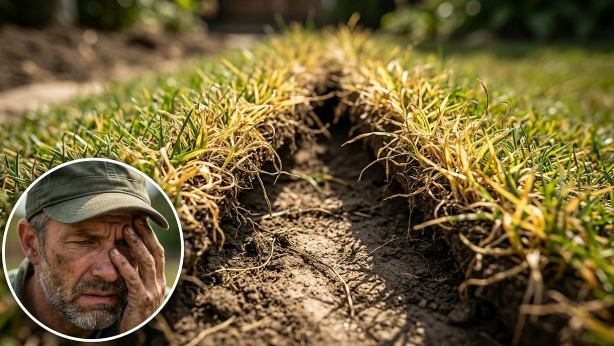 Ein Gärtner ist verzweifelt über die klaffenden Fugen und gelben Ränder seines teuren Rollrasens.