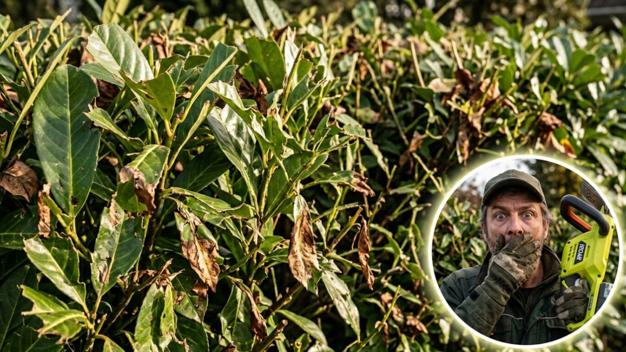 Ein Gärtner ist geschockt über die braunen, zerfetzten Blätter seiner Hecke nach dem Einsatz der Akku-Heckenschere.