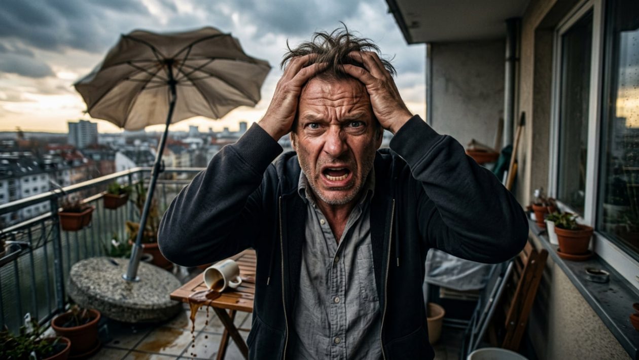 Ein Balkonbesitzer ärgert sich über einen massiven Schirmständer und einen vom Wind umgewehten Sonnenschirm.