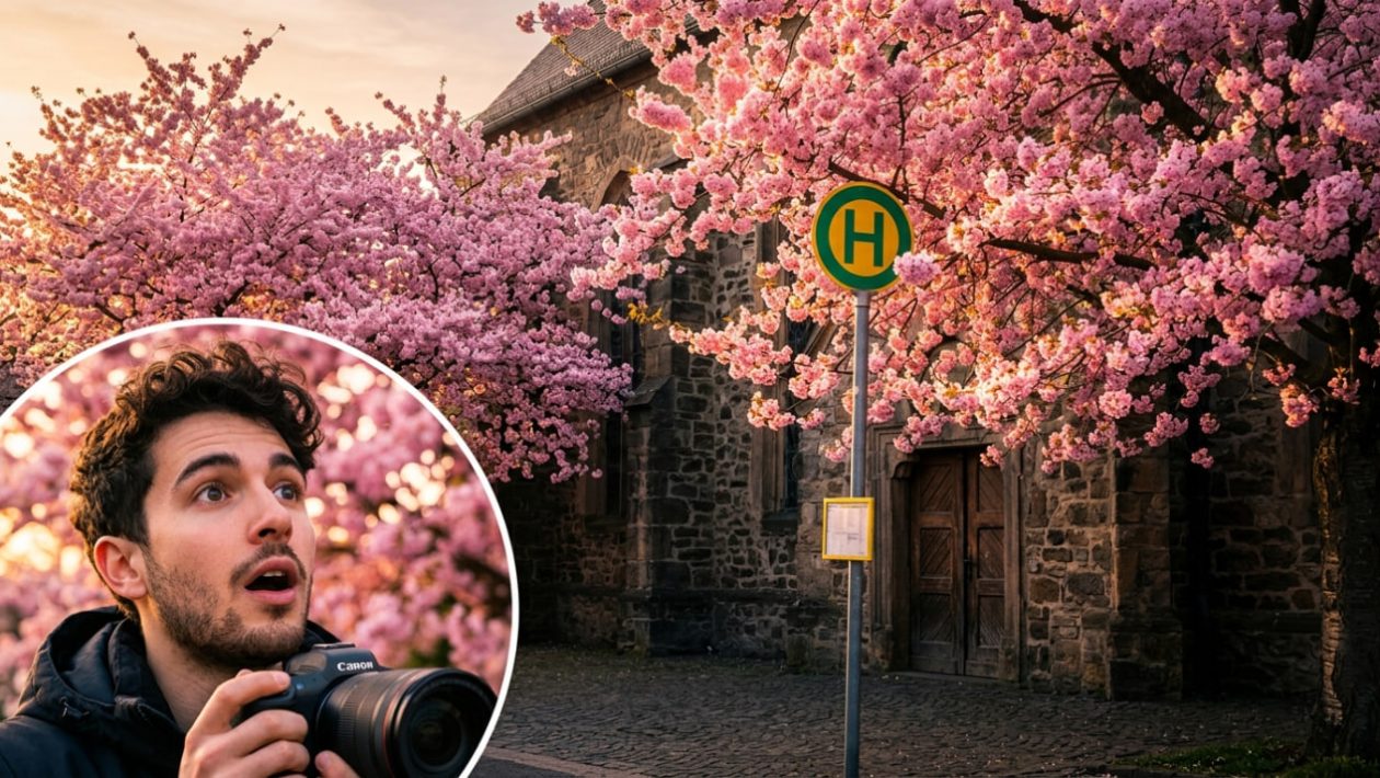 Ein Fotograf ist erstaunt über die surreal blühenden Kirschbäume an der Bushaltestelle Westfriedhof in München.