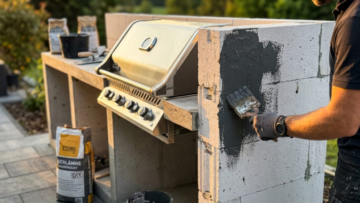 Jemand streicht eine wasserdichte Dichtschlämme auf eine Outdoorküchen-Mauer aus Porenbeton im warmen Sonnenlicht.