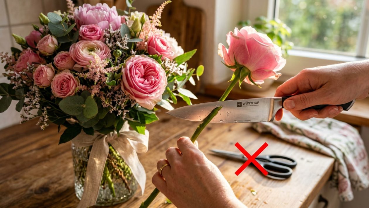 Jemand schneidet den Stiel einer rosa Rose mit einem scharfen Messer schräg an, daneben liegt eine Küchenschere.