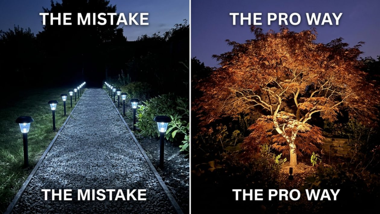 Kaltes, blaues Solar-Licht an einem Weg im Vergleich zu einem Baum, der von unten mit warmem Licht angestrahlt wird.