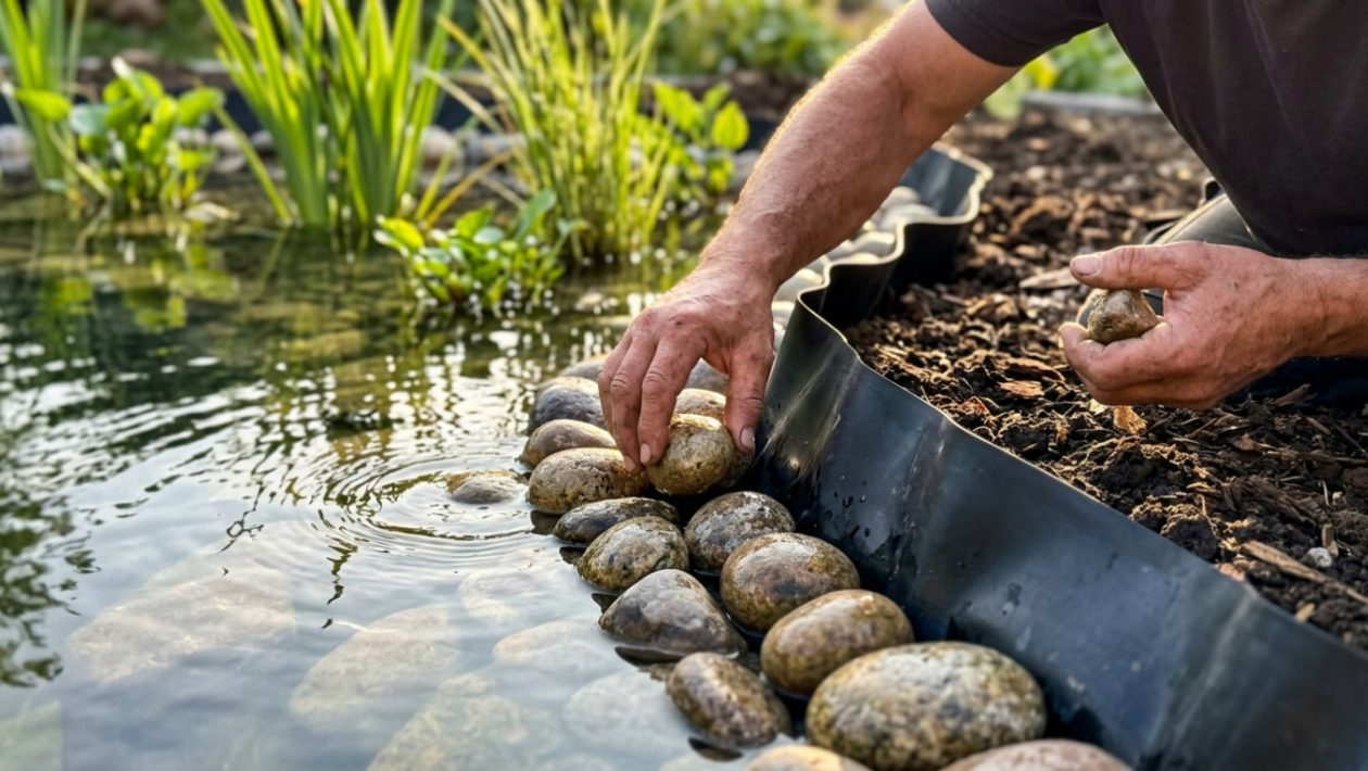 Jemand baut eine Kapillarsperre am Gartenteich, indem Teichfolie hinter Steinen nach oben gefaltet wird.