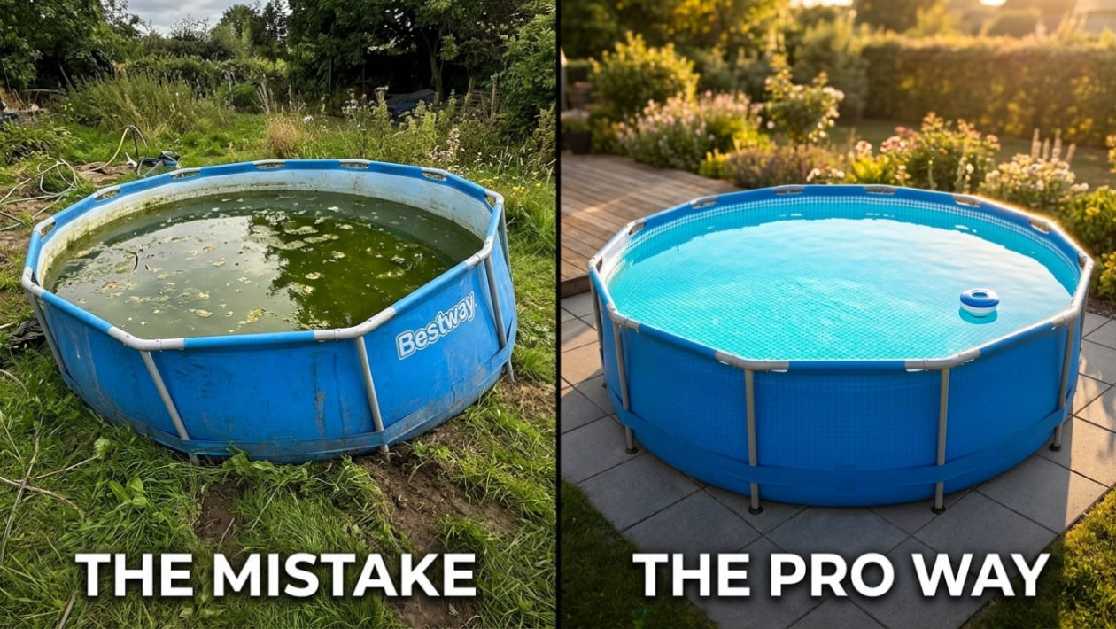 Ein schiefer Pool mit grünem Wasser im Vergleich zu einem perfekt waagerechten Pool mit kristallklarem, blauem Wasser.