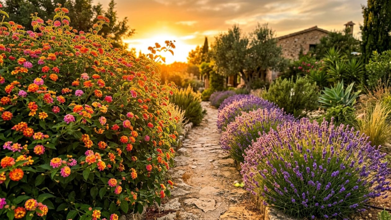 Ein mediterranes Gartenbeet mit leuchtendem Wandelröschen und Lavendel im warmen Gegenlicht des Sonnenuntergangs.