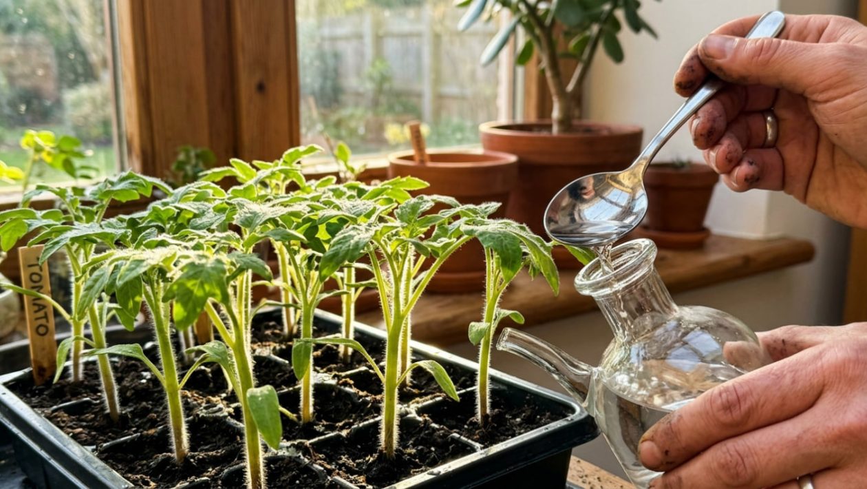Ein Löffel mit klarer Flüssigkeit wird über kurzen, extrem kräftigen Tomaten-Setzlingen ausgeleert, beleuchtet von warmem Gegenlicht.