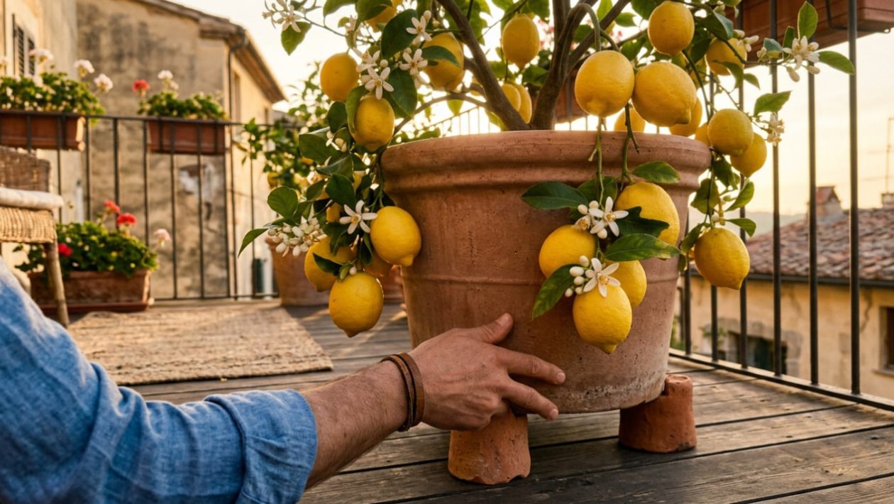 Ein Zitronenbaum im Terrakottatopf wird auf Tonfüße gestellt, beleuchtet von warmem Gegenlicht.