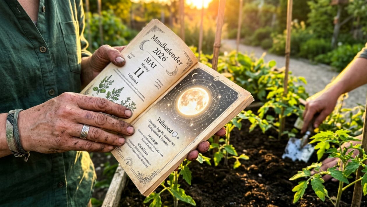 Gärtnerhände halten einen Mondkalender für Mai 2026 im warmen Sonnenlicht, im Hintergrund grüne Setzlinge.