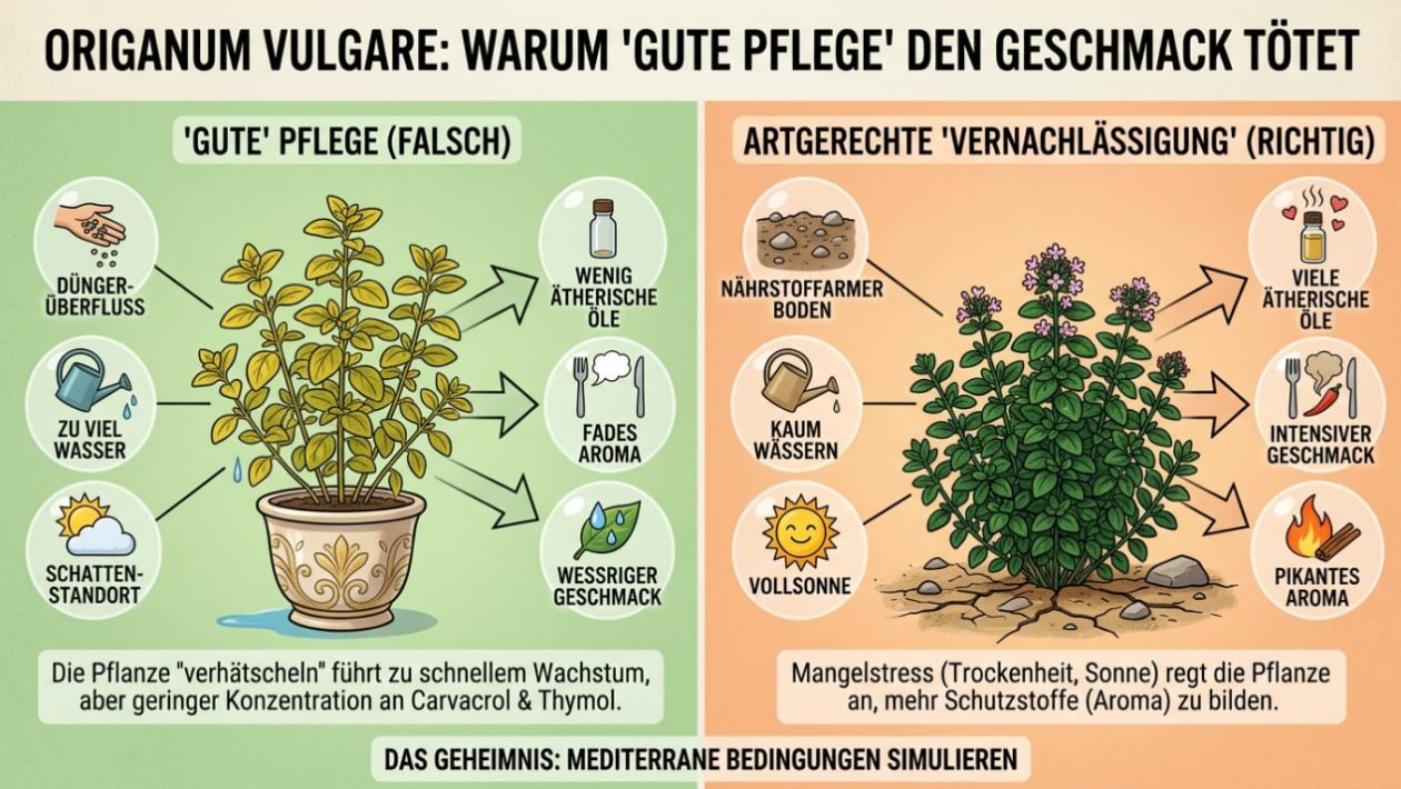 Wilde Oregano-Pflanze mit rosa Blüten wächst in steinigem Boden im warmen Sonnenlicht.