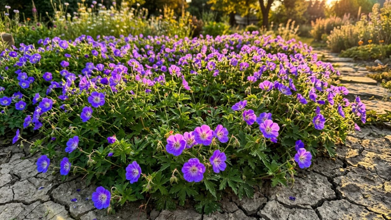 Leuchtend blauer Storchschnabel wächst als dichter Bodendecker auf einem harten, rissigen Lehmboden in der Sonne.