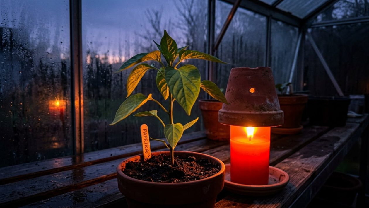 Eine Paprikapflanze im Gewächshaus wird nachts von einem umgedrehten Tontopf mit einer brennenden Kerze gewärmt.