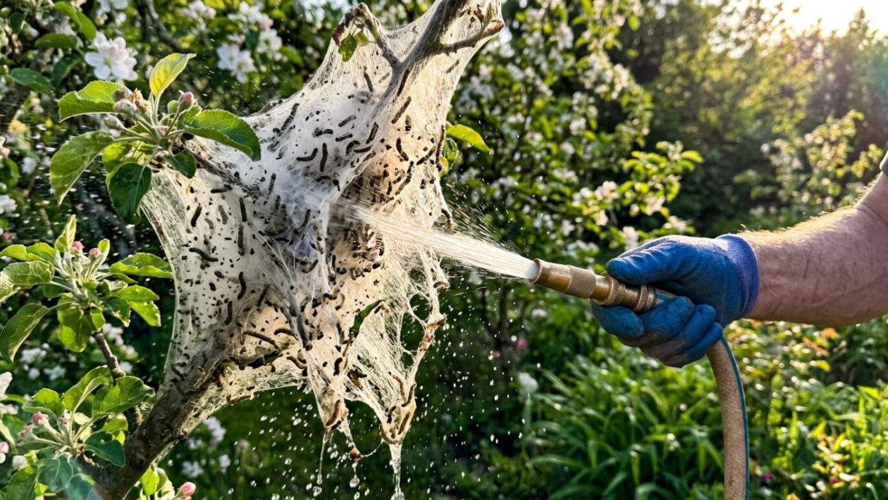 Ein Gärtner spritzt Raupen-Gespinste am Apfelbaum mit einem harten Wasserstrahl ab.