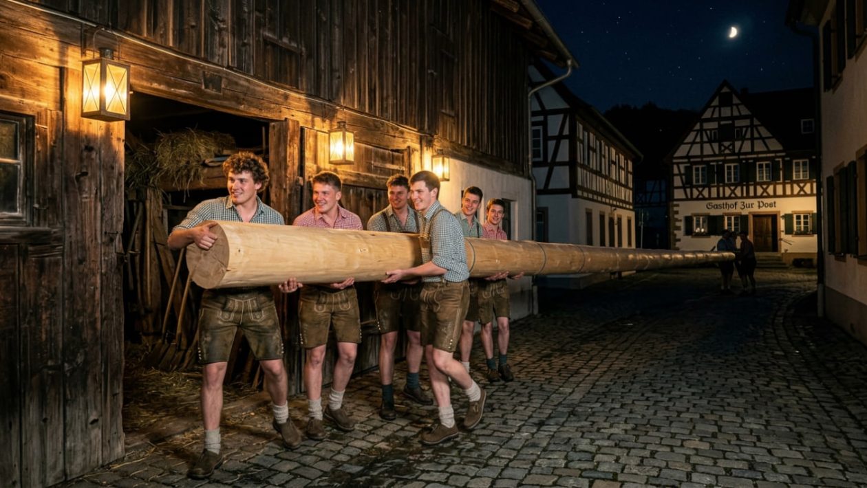 Junge Männer in Tracht tragen nachts heimlich einen langen Maibaum-Stamm aus einer beleuchteten Scheune.