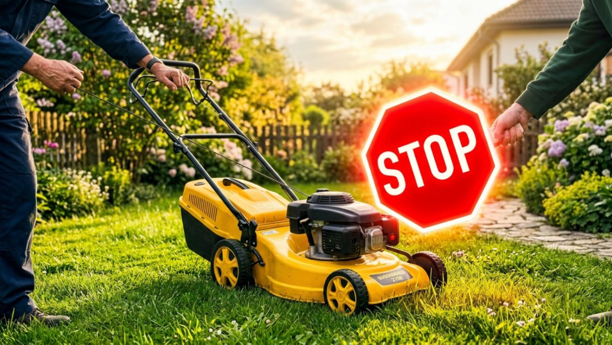 Eine Hand stoppt einen Rasenmäher mit einem roten Stop-Schild im sonnigen Garten.